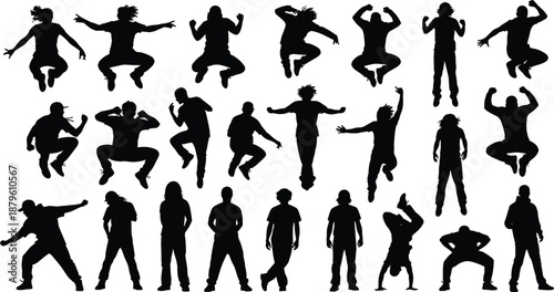 Expressive movement silhouette vector set, dynamic dance and jump poses, black human figure icon design