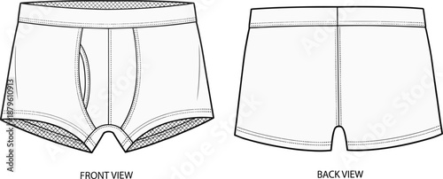 Men’s boxer brief technical sketch, front and back view, mesh panels, contour pouch, central seam, vector illustration
