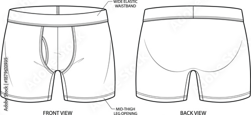 Men’s boxer brief technical sketch, front and back view, wide waistband, mid-thigh length, contour seams, vector illustration