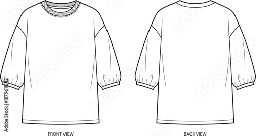 Three-quarter puff sleeve top technical sketch, front and back view, ribbed neckline, gathered cuffs, vector fashion illustration