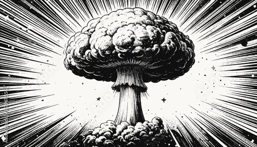 Black and white illustration depicts a large mushroom cloud with radiating lines