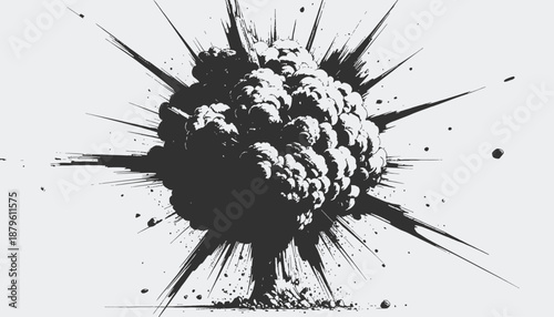 Stylized monochrome illustration of a nuclear explosion mushroom cloud and expanding energy lines