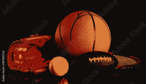 A still life of sports equipment a basketball, baseball, football, tennis racket, and ball