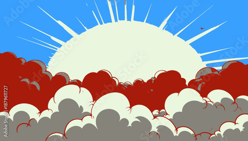 Stylized illustration features a light sun behind clouds, birds in red and grey colors