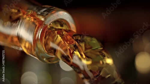 Super Slow Motion of Pouring Whiskey From Glass Bottle Attached to Camera at 1000fps.