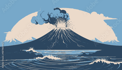 Stylized landscape volcano erupts over water, beneath clouds and blue sky. Mountains visible