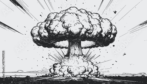 A dramatic black and white illustration depicts a nuclear explosion mushroom cloud over a desolate landscape