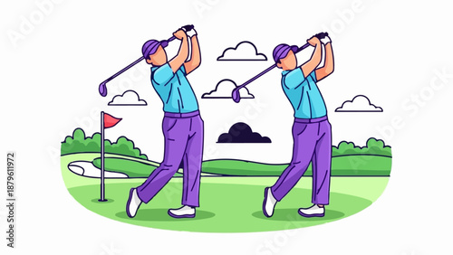 Two golfers swing clubs on a vibrant green golf course with a red flag and clouds