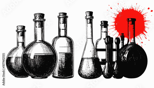 Black and white illustration of various flasks, bottles with liquid, and an ink splash