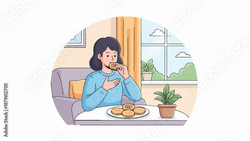 Young woman eating cookies while relaxing on couch, looking out window at nature