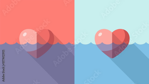 Two halves of a heart shape floating on water, divided by color