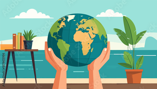 Two hands gently cradle a globe, symbolizing world care and environmental responsibility