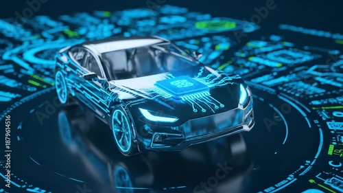 Futuristic Autonomous Car Concept - A sleek, modern car is depicted with glowing blue circuitry integrated into its design, showcasing the concept of autonomous driving technology.