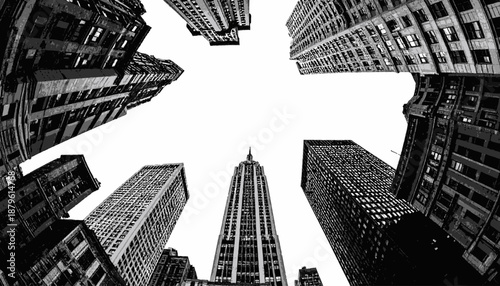 A grayscale, low-angle perspective shot of tall city buildings against a bright, white sky