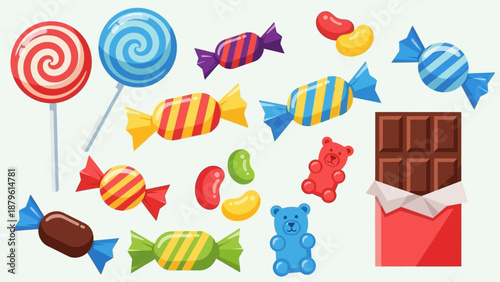 Assorted Candies and Sweets Collection: Lollipops, Gummy Bears, Chocolates