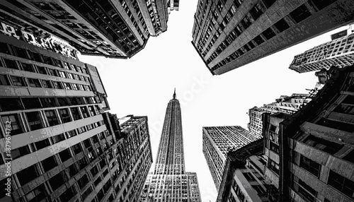A stylized black and white image capturing the perspective of looking up at city skyscrapers