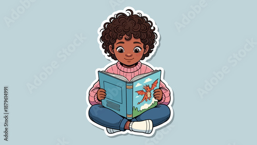 Bild auf Leinwand Child Reading Fantasy Book, Imagination, Storytelling, Dragon Illustration