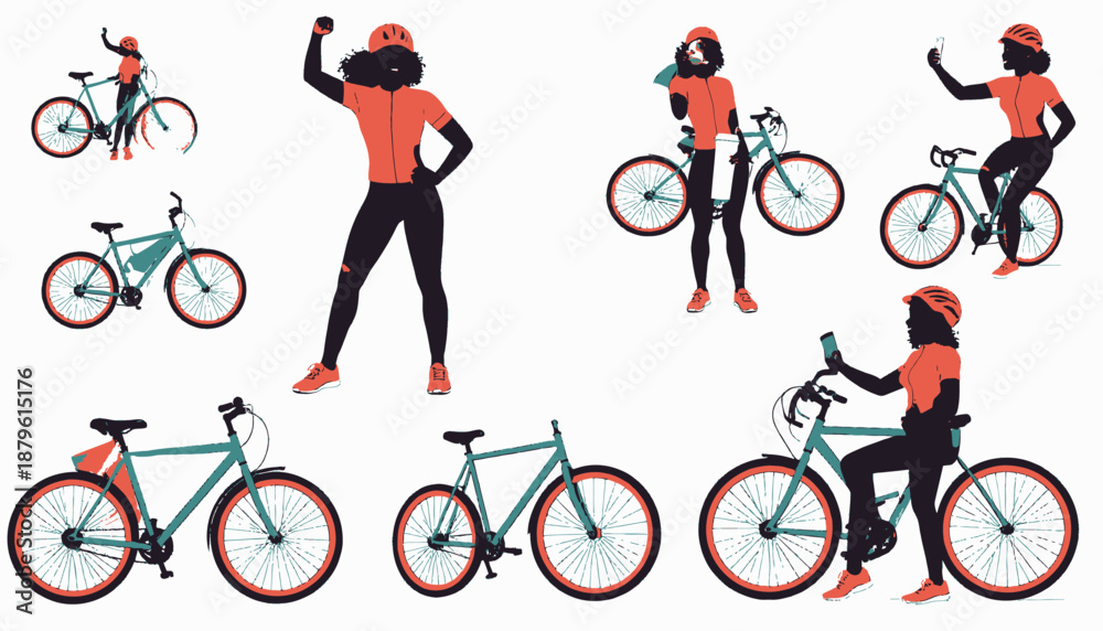 Naklejka premium A collection of cyclist illustrations. Bicyclists in active poses and their bikes shown from various angles