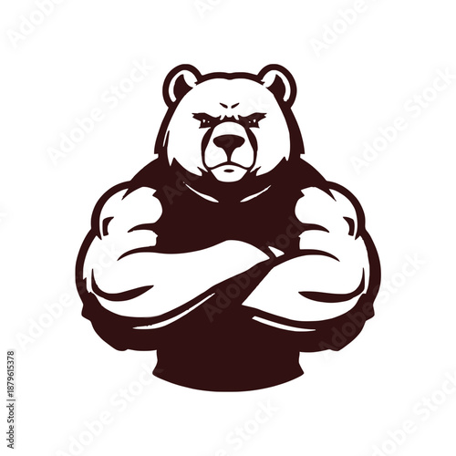 Angry muscular bear flexing biceps strong power animal mascot logo vector illustration flat design