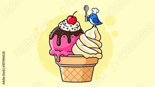 Cute blue bird chef with ice cream cone, sweet dessert, summer treat, cartoon illustration