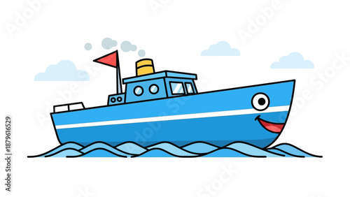 Cute blue cartoon boat smiling on wavy blue water, with red flag and clouds