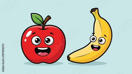 Cute Cartoon Apple and Banana Characters with Happy Faces