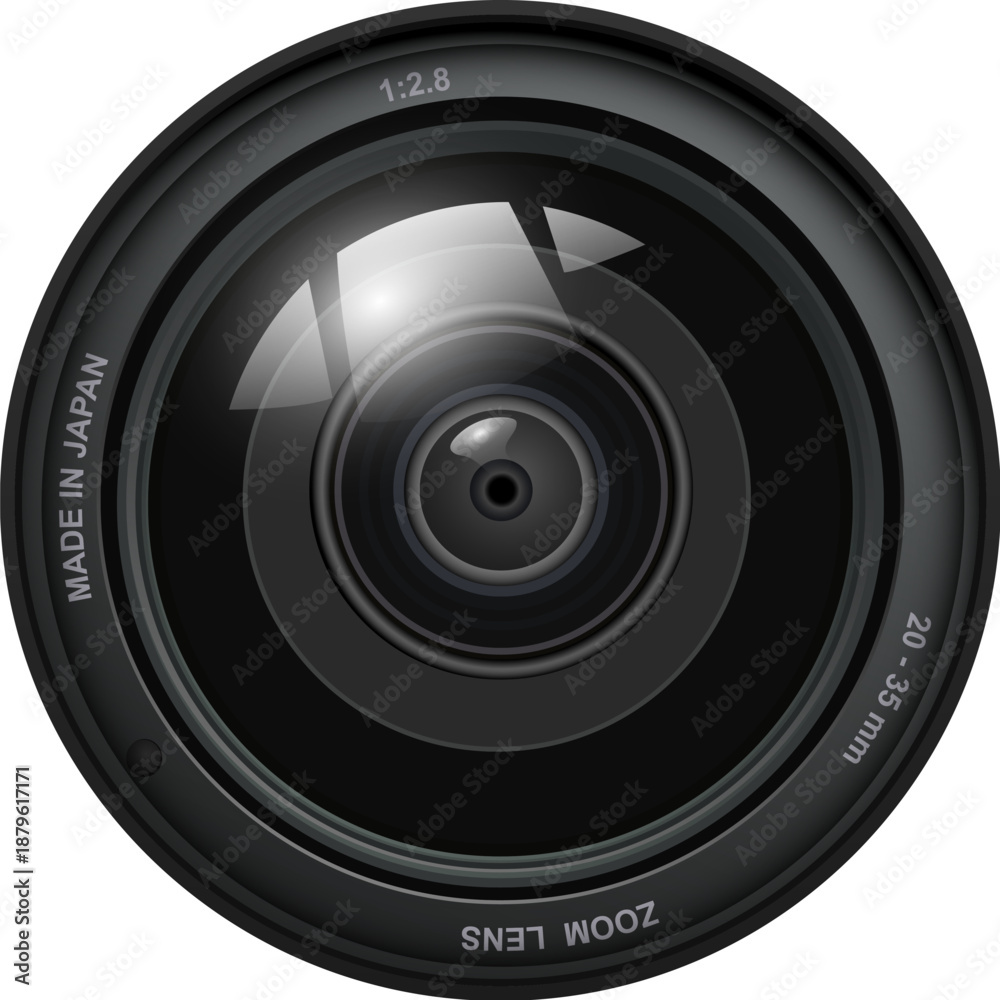 Obraz premium Camera lens isolated, front view with light reflections, 3D icon llustration.