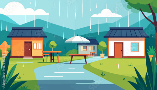 Two houses under rainy skies with an umbrella-covered patio and lush greenery