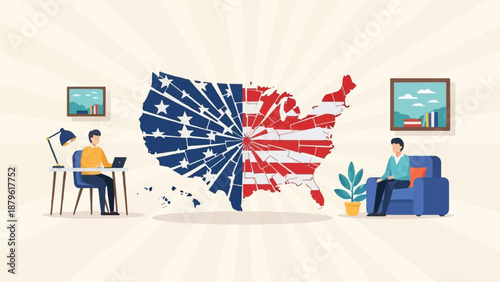 Two individuals are depicted in minimalist interior scenes, facing a fragmented United States map