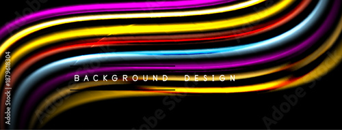 Abstract colorful lines flow across black background. Dynamic waves create modern design element. Bright hues add visual interest.