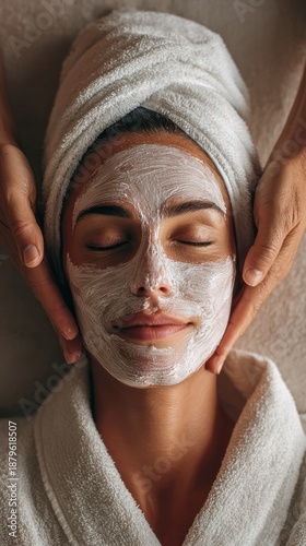 Close-up of person receiving facial mask treatment in a spa, hands on the face