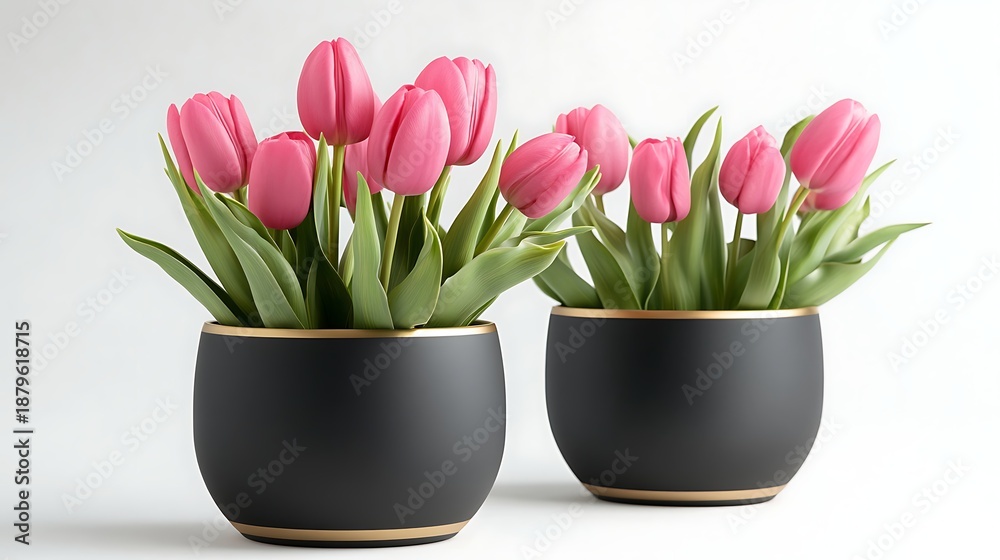 Fototapeta premium A black matte pot with gold rim detailing, holding bright pink tulips 