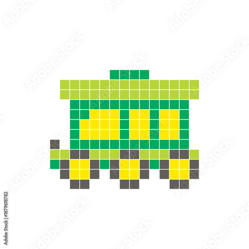 A flat pixel design made of geometric square color blocks on a clean icon layout. Pixel art train carriage