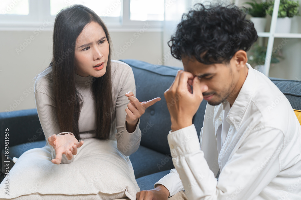 Fototapeta premium Breakup and depressed, asian young quarrel couple love fight relationship in trouble. Different people are emotion angry. Argue wife has expression upset with husband. Problem of family people.