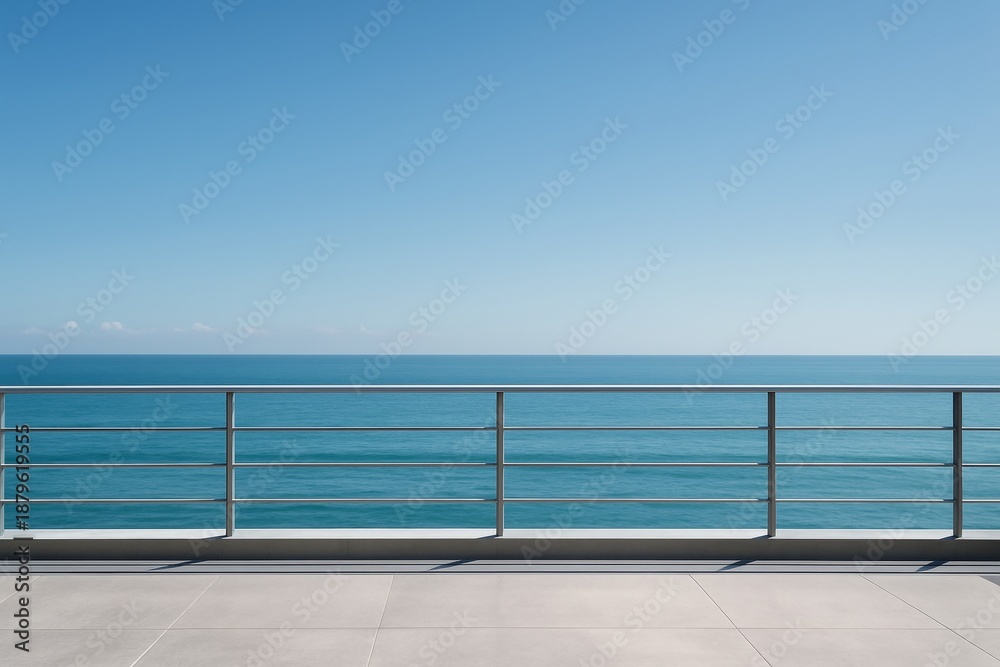 Fototapeta premium Modern terrace exterior design with ocean view and clear blue sky emphasizing minimal architectural concept and tranquil open space scene. Ai generative