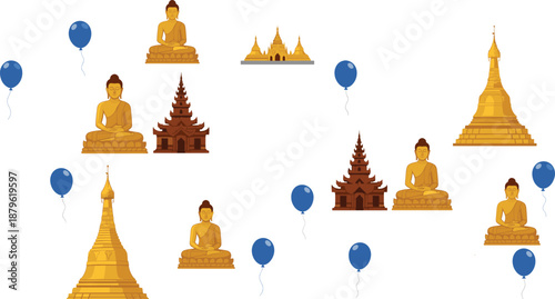 Vibrant Vector Illustration Set of Golden Buddha Statues Traditional Pagodas and Blue Balloons for Buddhist Festival Design.