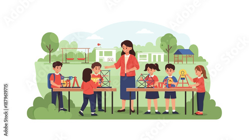 Students and teacher engaged in science experiments outdoors in a schoolyard setting viewed from the side