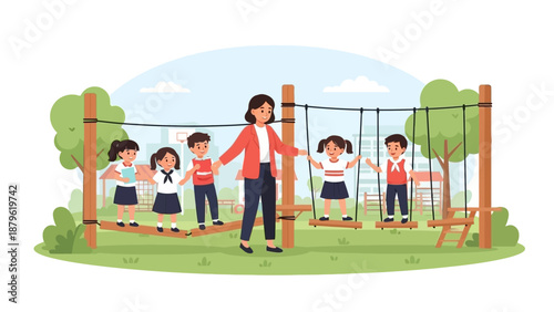 Children playing on a jungle gym with a teacher supervising them in a park