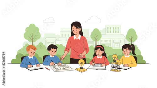 Children Engaged in Creative Activity with Teacher in Classroom Environment from Overhead Viewpoint