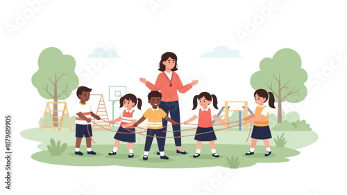 Children and teacher playing together in a park with playground equipment visible in the background