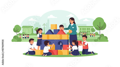 Children and teacher building a large structure together in an outdoor educational setting surrounded by trees and buildings