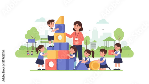 Children and teacher engaging in playful learning activity with colorful blocks in a vibrant outdoor playground setting