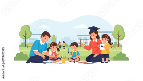 Family Celebrating Graduation in a Serene Park Scene with Children and Art Supplies