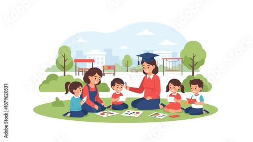 A teacher guides a group of children learning outdoors in a park setting during the daytime from a frontal viewpoint
