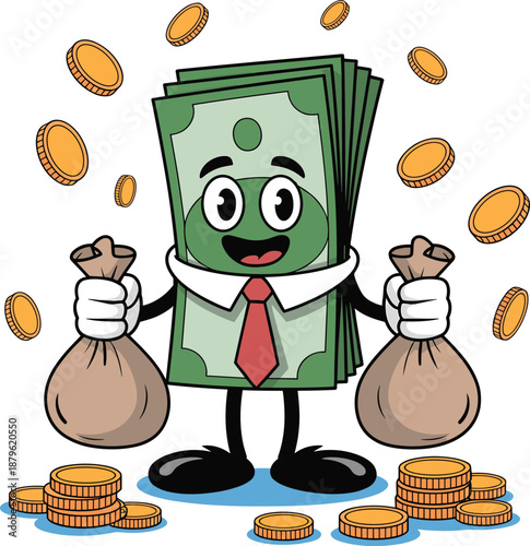Cartoon money character holding bags of coins on white background