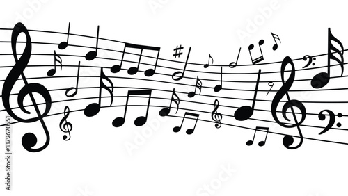Black musical notes and symbols floating on curved staff lines against a white background representing melody and song.