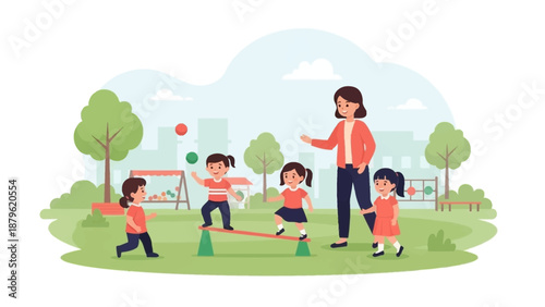 Children playing obstacle course with teacher in a park on a sunny day outdoor activity illustration