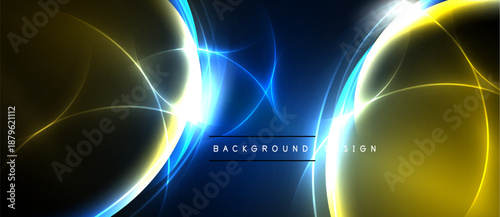 Abstract design features vibrant blue, yellow light streaks. Dark background emphasizes glowing curves, creating dynamic visual effect.