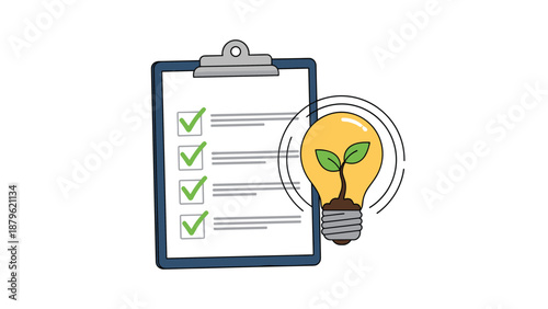 Environmental checklist on clipboard next to a light bulb with a growing sprout symbolizing green energy and sustainability.