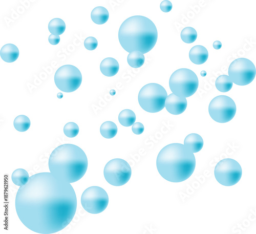 Light blue transparent bubbles of various sizes floating on a clean white background
